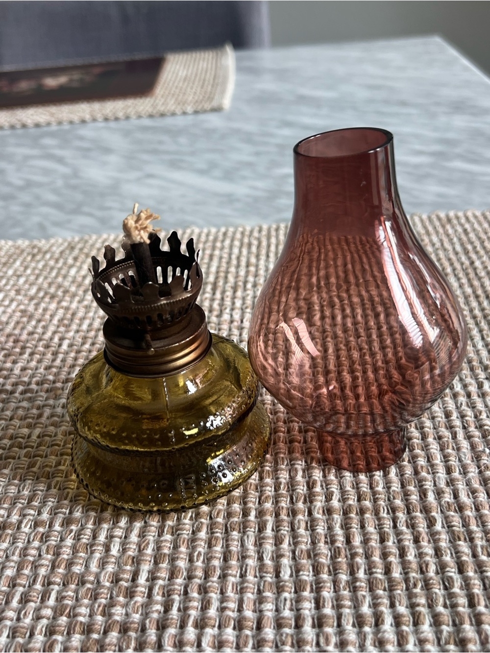 Vintage Glass Oil Lamp with Pink Chimney and Amber Base - Picture 3 of 4